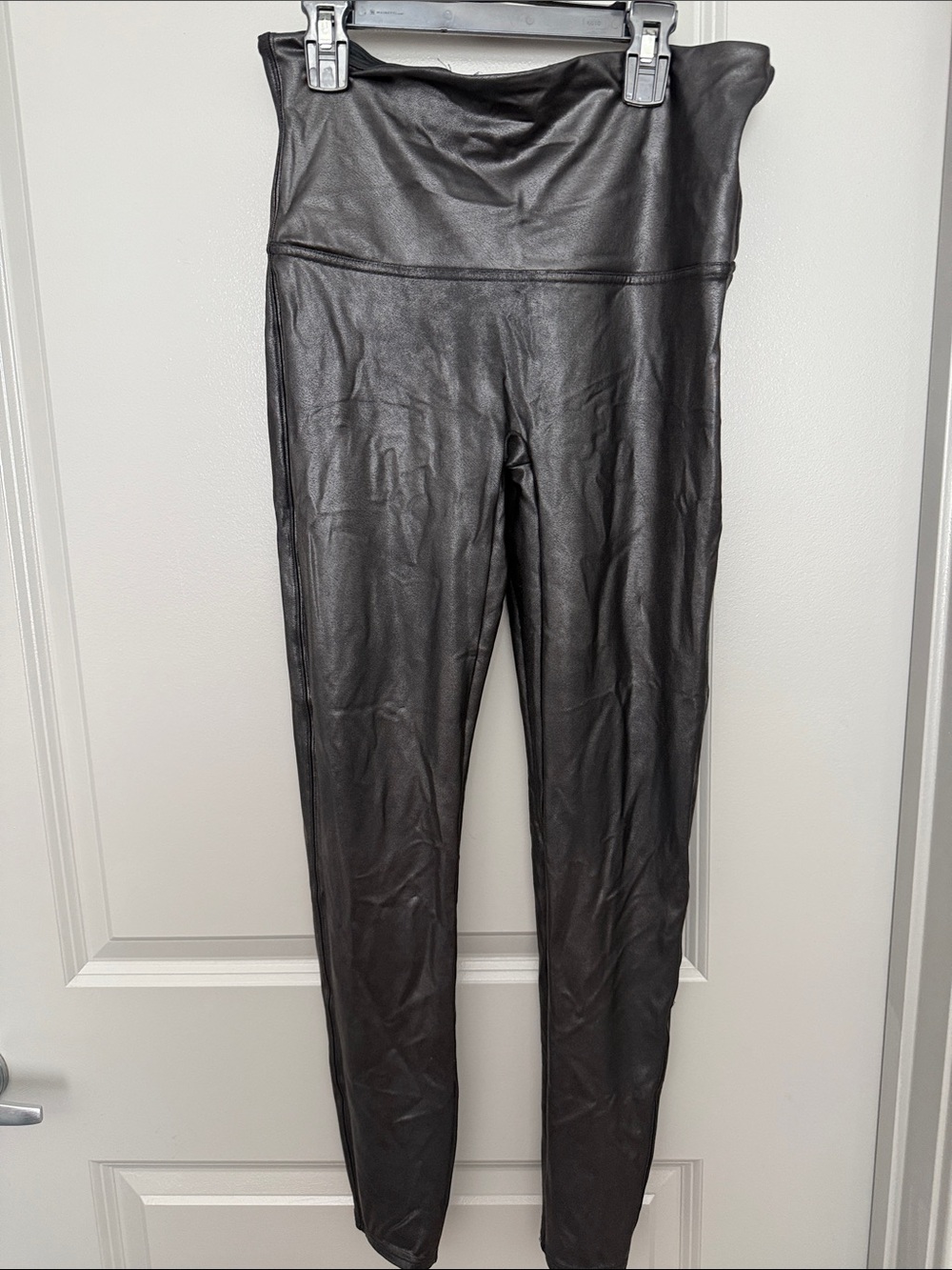 SPANX Black Faux Leather-Look Leggings with Red Tag
